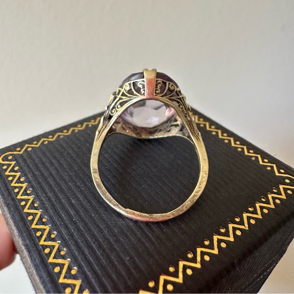 ♥️SOLD 14k yellow gold antique art deco ring filigree size 8 rose de France ame - Picture 4 of 7